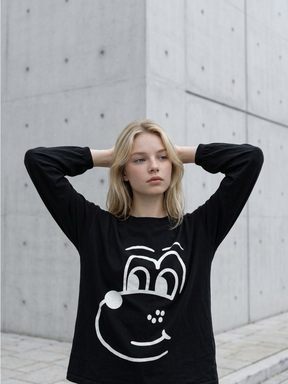 2294 - Black Graphic Face Long Sleeve Tee - White Print